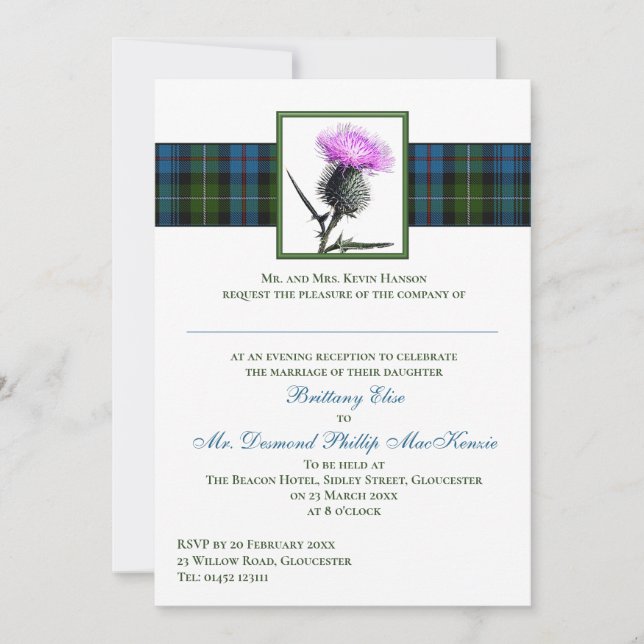 Purple Green Thistle Mackenzie Tartan Wedding Invitation (Front)