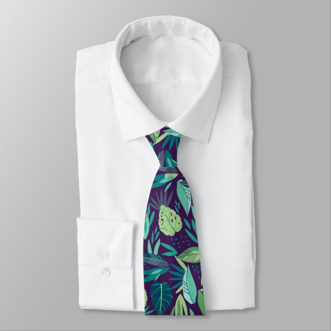 Purple & Green Tropical Leafs Pattern Neck Tie (Tied)