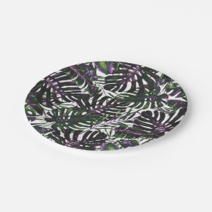 Purple & Green Tropical Palm Leaves Wedding Paper Plates