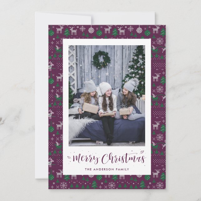 Purple Green Ugly Sweater Photo Christmas Cards (Front)