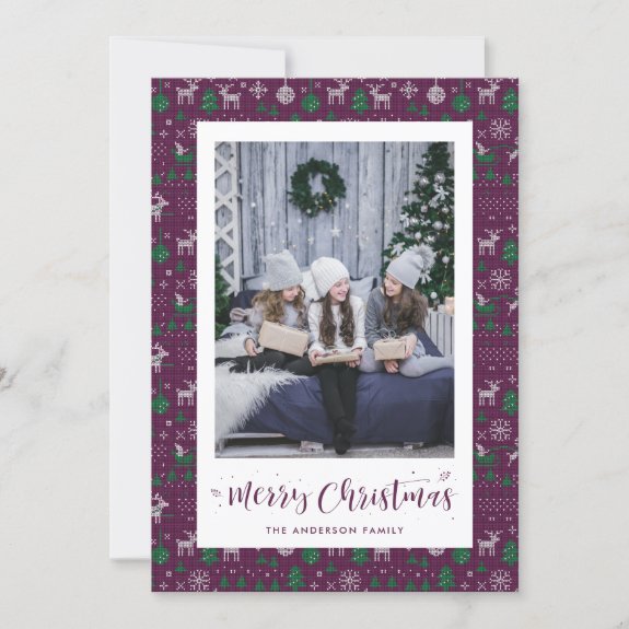 Purple Green Ugly Sweater Photo Christmas Card