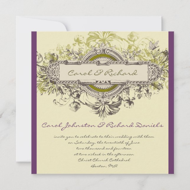 Purple Green Vintage Floral Wedding Invitation (Front)