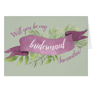 Purple & Green Watercolor Leaves Bridesmaid Cards