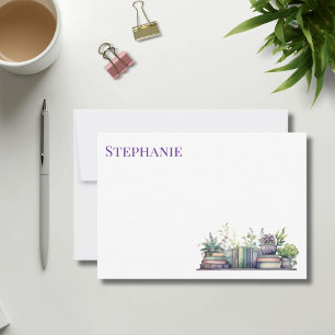 Purple & Green Watercolor Plant and Book Note Card