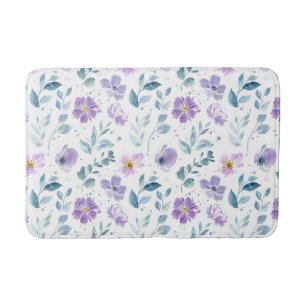 Purple Green Watercolor Wildflower Bath Mat