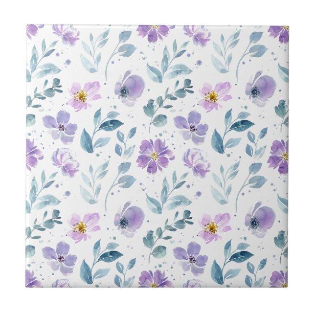 Purple Green Watercolor Wildflower Ceramic Tile (Front)