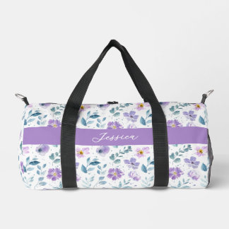Purple Green Watercolor Wildflower Monogram Duffle Bag
