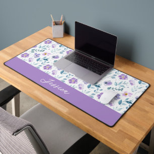 Purple Green Watercolor Wildflower Monogram Name Desk Mat