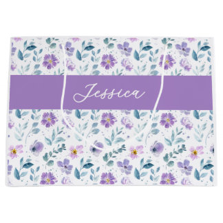 Purple Green Watercolor Wildflower Monogram Name Large Gift Bag