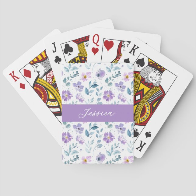 Purple Green Watercolor Wildflower Monogram Name Poker Cards (Back)