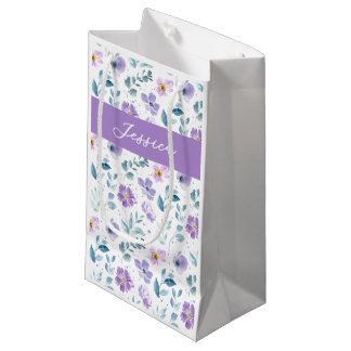Purple Green Watercolor Wildflower Monogram Name Small Gift Bag
