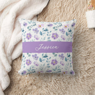 Purple Green Watercolor Wildflower Monogram Name Throw Pillow