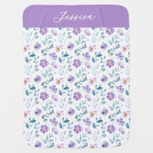 Purple Green Watercolor Wildflower Name Baby Blanket
