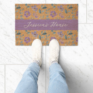 Purple Green Watercolor Wildflower Name Fiber Doormat