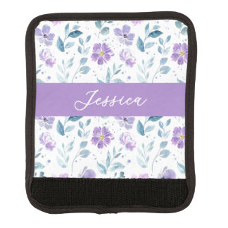 Purple Green Watercolor Wildflower Name Luggage Handle Wrap