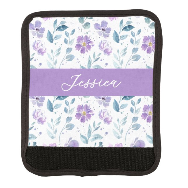 Purple Green Watercolor Wildflower Name  Luggage Handle Wrap (Front)