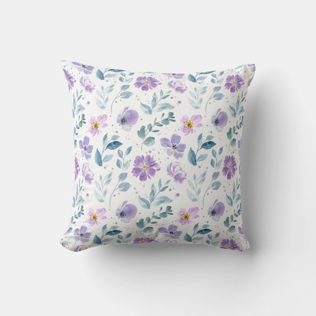 Purple Green Watercolor Wildflower Throw Pillow (Front)