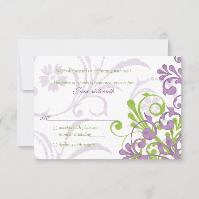 Purple Green White Abstract Floral Wedding rsvp (Front)