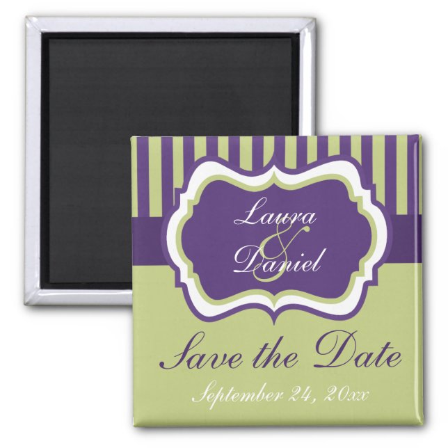 Purple, Green, White Damask Save the Date Magnet (Front)
