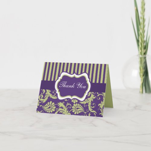 Purple Green White Damask Thank You Note Card