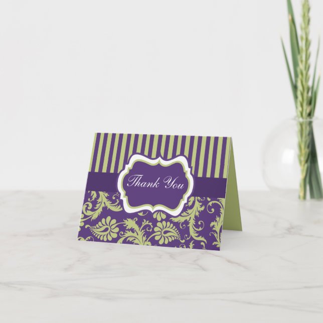 Purple, Green, White Damask Thank You Note Card (Front)