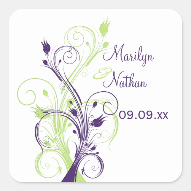 Purple Green White Floral 1.5" Wedding Sticker (Front)