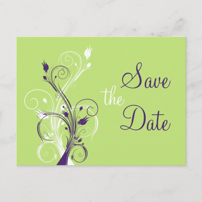 Purple Green White Floral Save the Date Post Card (Front)