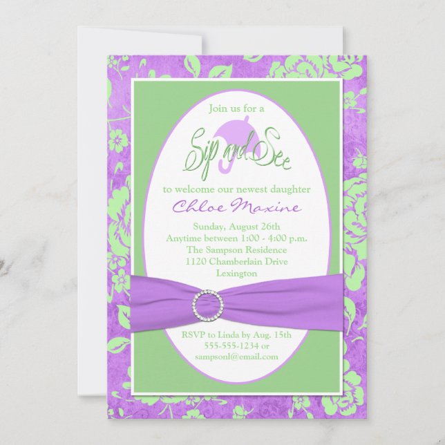 Purple Green White Floral Sip and See Invitation 2 (Front)