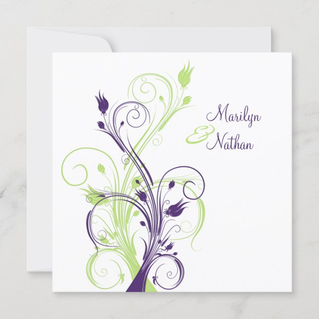 Purple Green White Floral Sq. Wedding Invitation (Front)