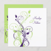 Purple Green White Floral Sq. Wedding Invitation (Front/Back)