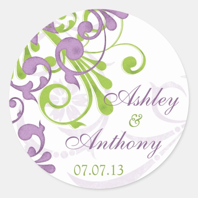 Purple Green White Floral Wedding Stickers (Front)