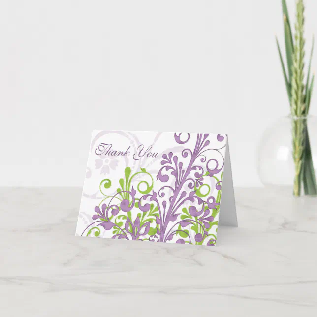 Purple Green White Floral Wedding Thank You Card | Zazzle
