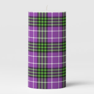 PURPLE GREEN WHITE HALLOWEEN PLAID PATTERN PILLAR CANDLE