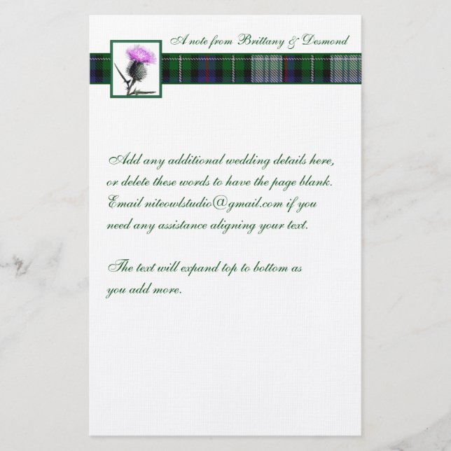 Purple, Green, White Tartan and Thistle Stationery (Front)