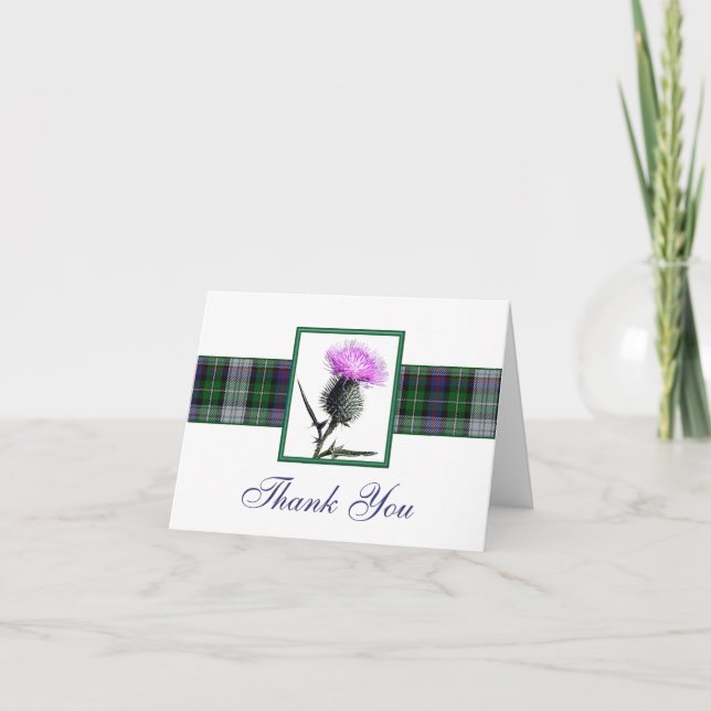 Purple, Green, White Tartan Thistle Thank You Card (Front)