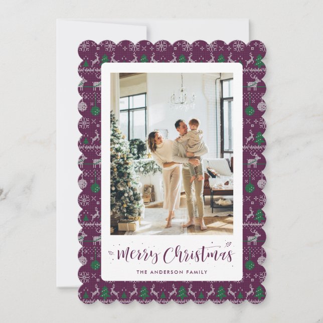 Purple Green White Winter Pattern Photo Christmas Holiday Card (Front)