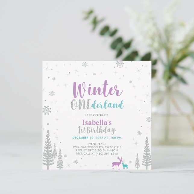 Purple Green Winter Onederland 1st First Birthday Invitation (Standing Front)