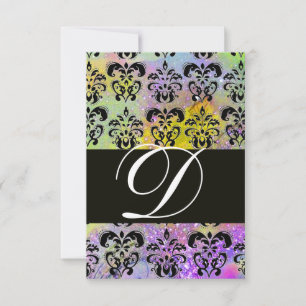 PURPLE GREEN YELLOW BLACK DAMASK MONOGRAM RSVP