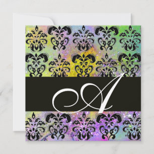 PURPLE GREEN YELLOW BLACK  DAMASK MONOGRAM , white Invitation