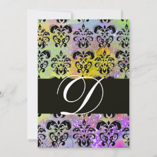 PURPLE GREEN YELLOW BLACK DAMASK MONOGRAM , white Invitation