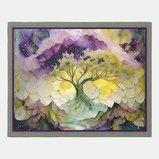 Purple Green Yellow Blue Abstract Fantasy Tree Outdoor Rug (Front)