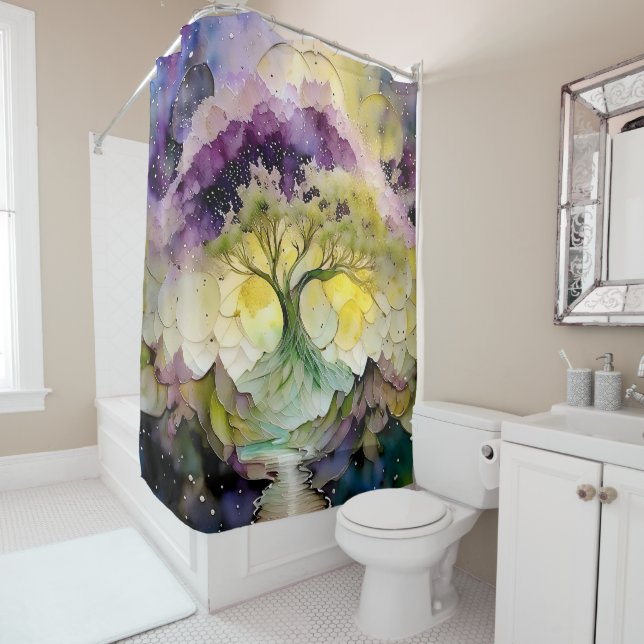 Purple Green Yellow Blue Abstract Fantasy Tree Shower Curtain (In Situ)