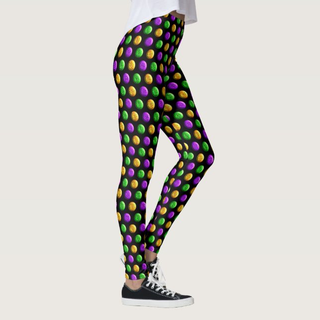Purple Green Yellow Dots Black Mardi Gras Leggings (Right)