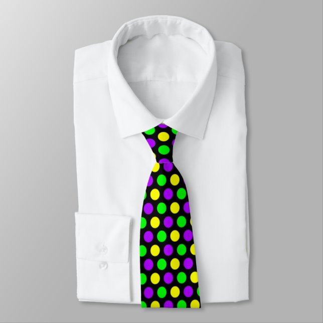Purple Green Yellow Dots Black Mardi Gras Neck Tie (Tied)