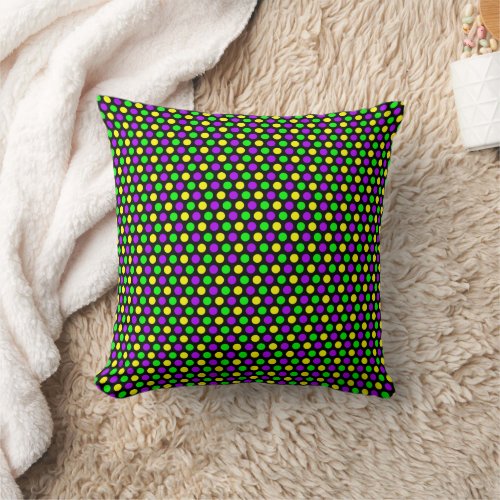 Purple Green Yellow Dots Black Mardi Gras Throw Pillow