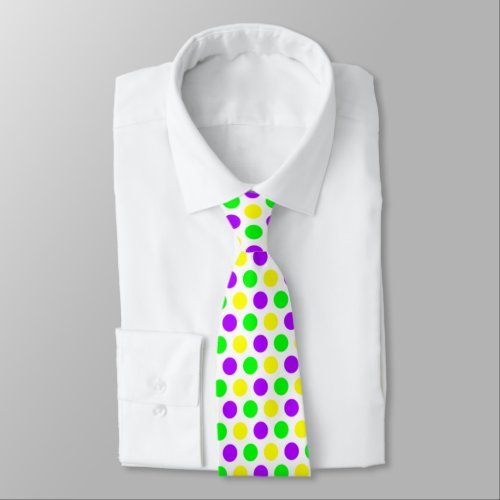 Purple Green Yellow Dots White Mardi Gras Neck Tie