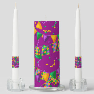 PURPLE GREEN YELLOW FESTIVE MARDI GRAS UNITY CANDLE SET