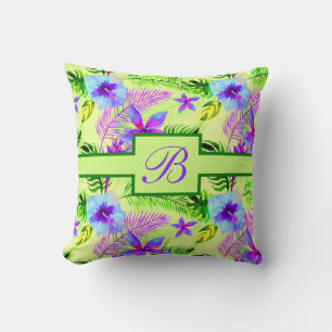 Purple Green Yellow Floral Hibiscus Flower Initial Throw Pillow