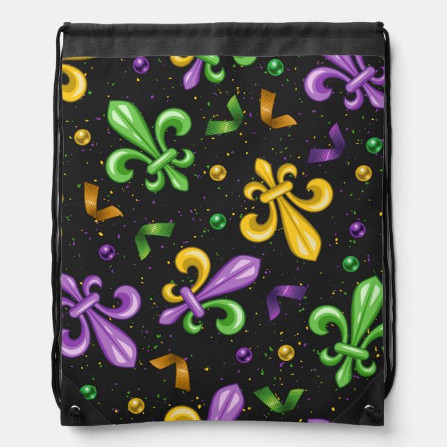 PURPLE GREEN YELLOW MARDI GRAS BEADS FLEUR DI LIS DRAWSTRING BAG (Front)