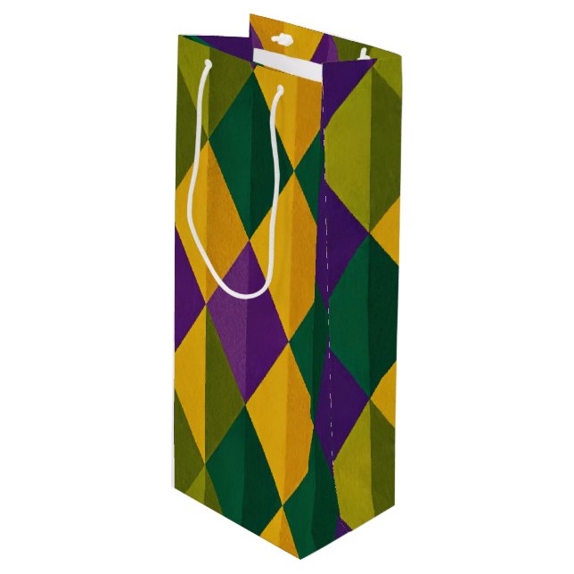 PURPLE GREEN YELLOW MARDI GRAS DIAMOND PATTERN WINE GIFT BAG (Front Angled)